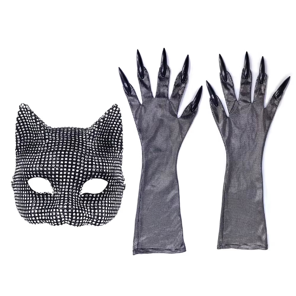 Cat Girls Diamond Mask Gloves Set Sexy Face Cover Cosplay Party Dressing Prop Accessories Cats Woman Costume Masquerade Gloves