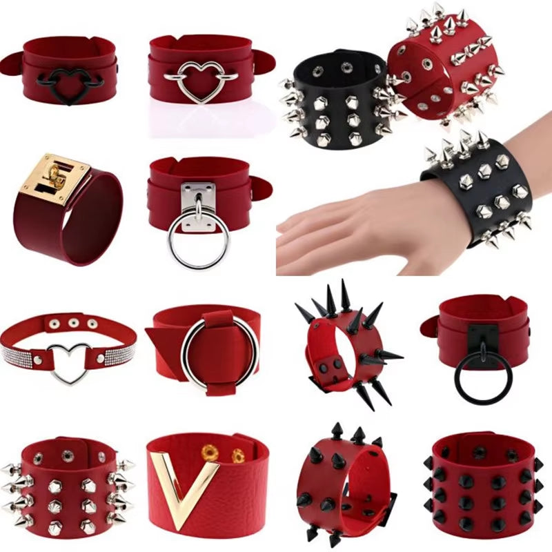 Boho Spike Rivets Bracelets for Women Punk Goth Red PU Leather Bracelet Cuff Bangles Studded Halloween Festival Jewelry Harajuku