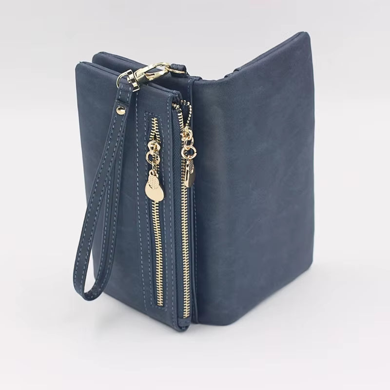 Large Capacity Women'S Dull Polish Leather Wallet Double Zipper Clutch Wristlet Purse Phone Coin Card Holder Multi-Pocket Wallet