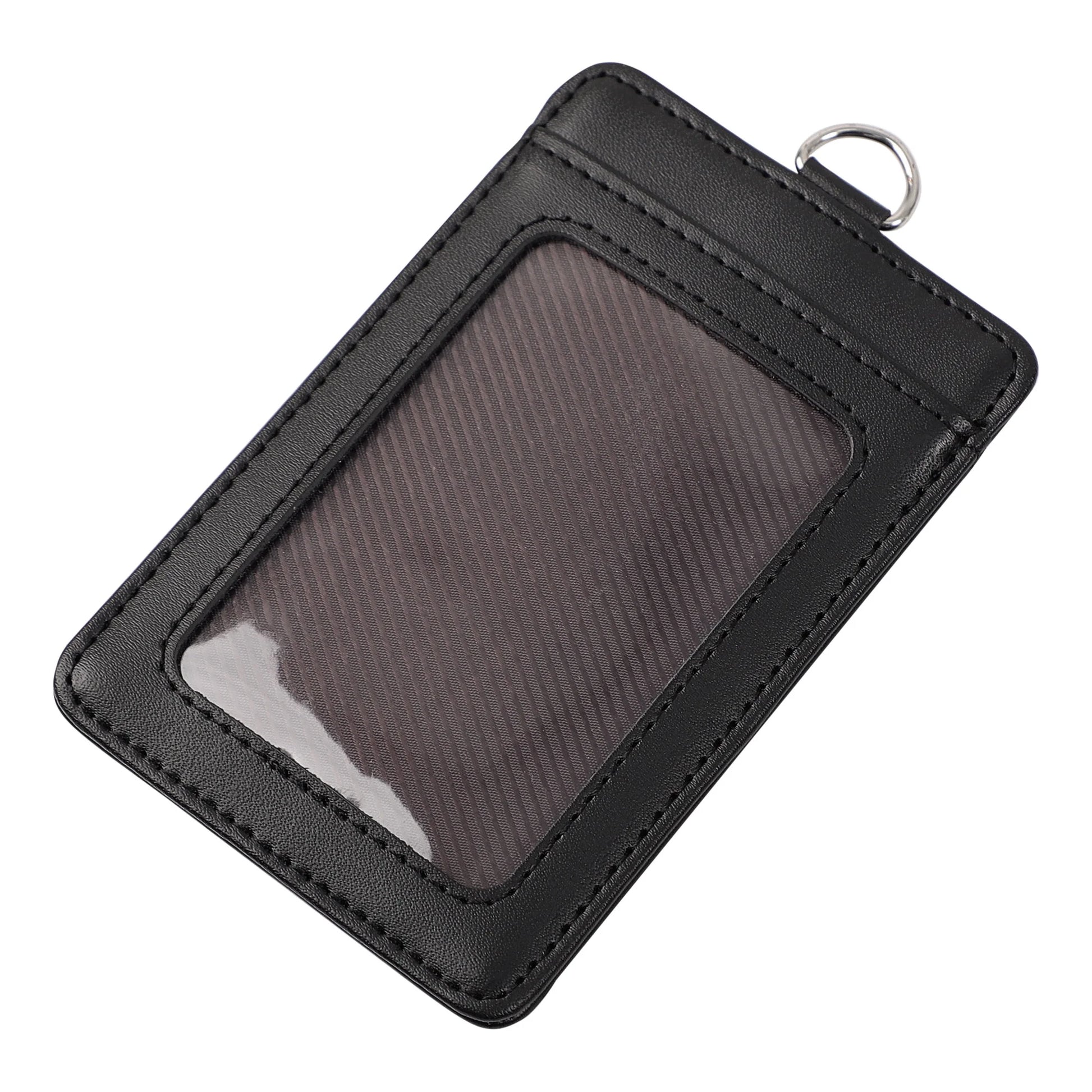 Black Faux Leather Vertical Plastic ID Card Badge Holder with Clear Window