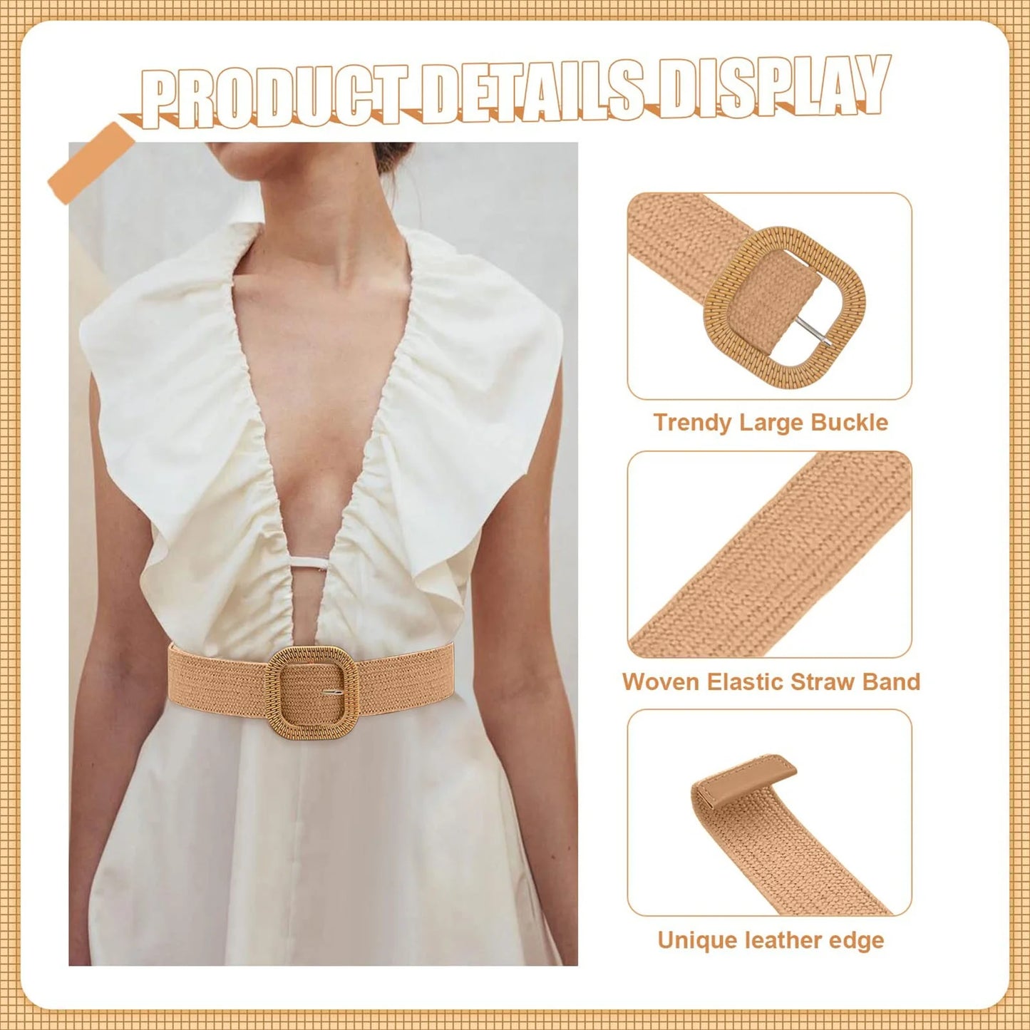 Belt Women Belt Straw Woven Elastic Stretch Wide Waist Belts for Dresses with Buckle Beige One Size