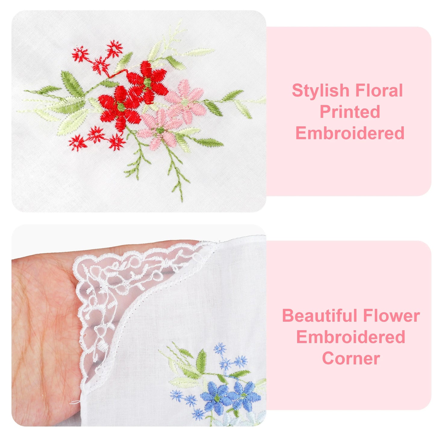 6Pcs Vintage Floral Embroidered Handkerchiefs,  11''X11'' Soft Cotton Hankies for Women