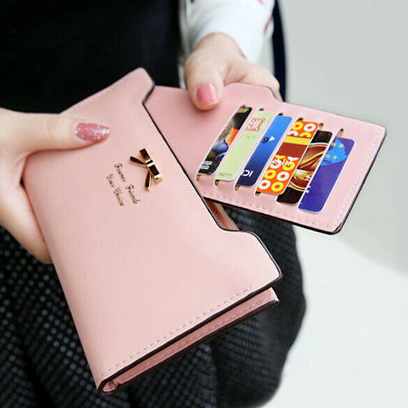 Women Long Leather Thin Wallet Cute Bow Purse Multi ID Credit Card Holder Gift