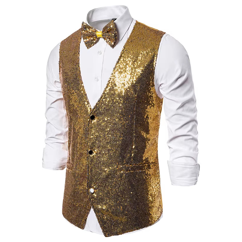 Shiny Royal Blue Sequin Dress Vests Men Slim Fit V Neck Glitter Tuxedo Waistcoat Mens Wedding Party Stage Prom Vest with Bowtie