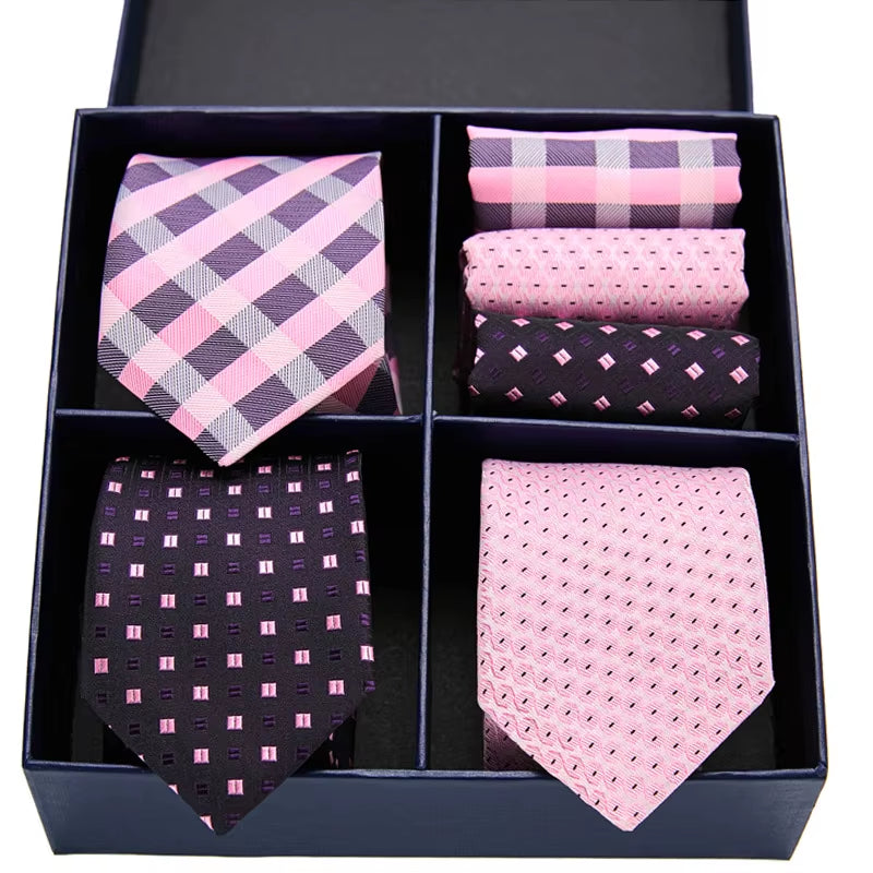 Gift Box Pack Mens Tie Skinny Pink Palid Silk Classic Jacquard Woven Extra Long Tie Hanky Set for Men Formal Wedding Party