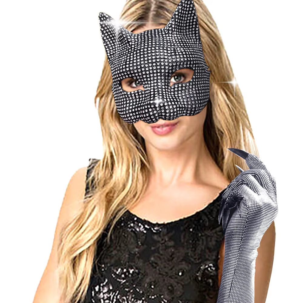 Cat Girls Diamond Mask Gloves Set Sexy Face Cover Cosplay Party Dressing Prop Accessories Cats Woman Costume Masquerade Gloves