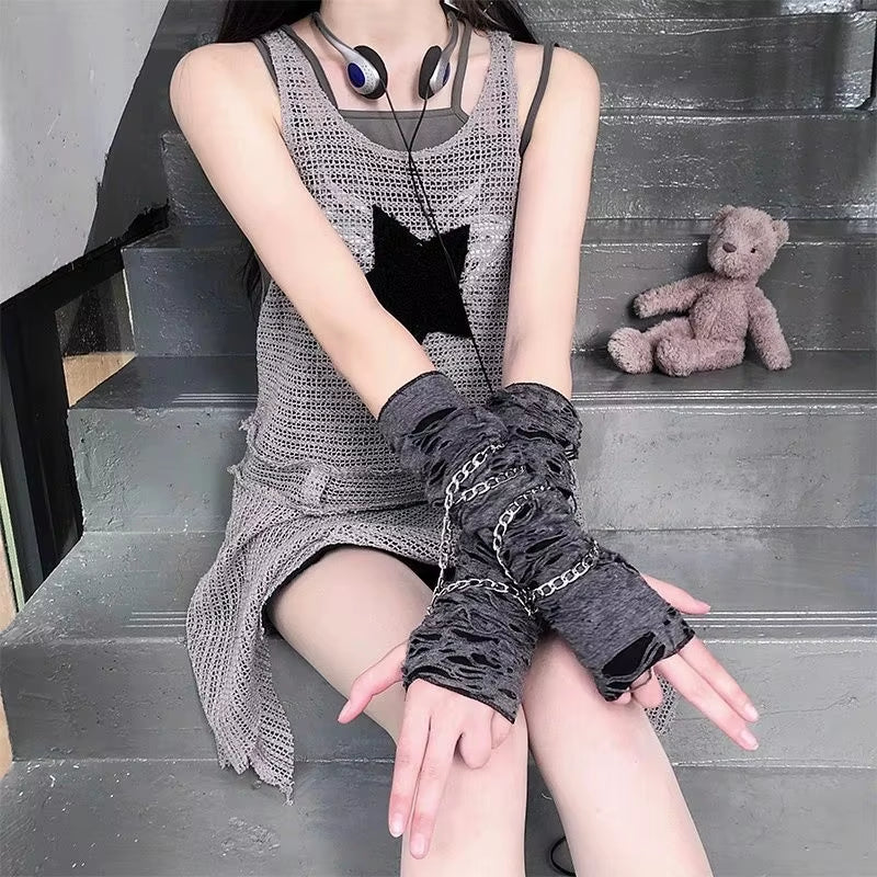 ❤️ Goth Black Metal Buckle Fingerless Long Gloves Punk Hole Half-Finger Y2K Oversleeve Arm Warmer Beggar Lolita Cosplay Sleeve