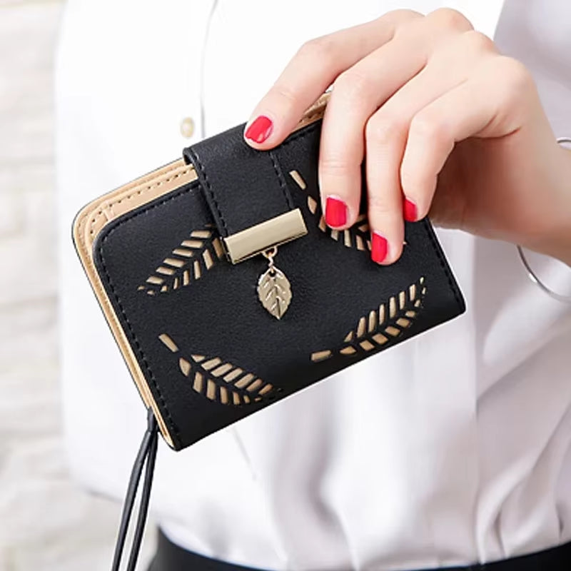 Fashion Women'S Purse Short Zipper Wallet Women Leather 2024 Luxury Brand Small Women Wallets Clutch Bag with Hollow Out Leaves