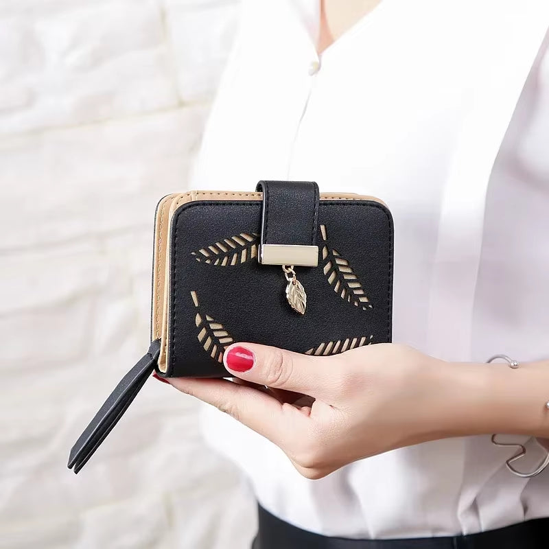 Fashion Women'S Purse Short Zipper Wallet Women Leather 2024 Luxury Brand Small Women Wallets Clutch Bag with Hollow Out Leaves